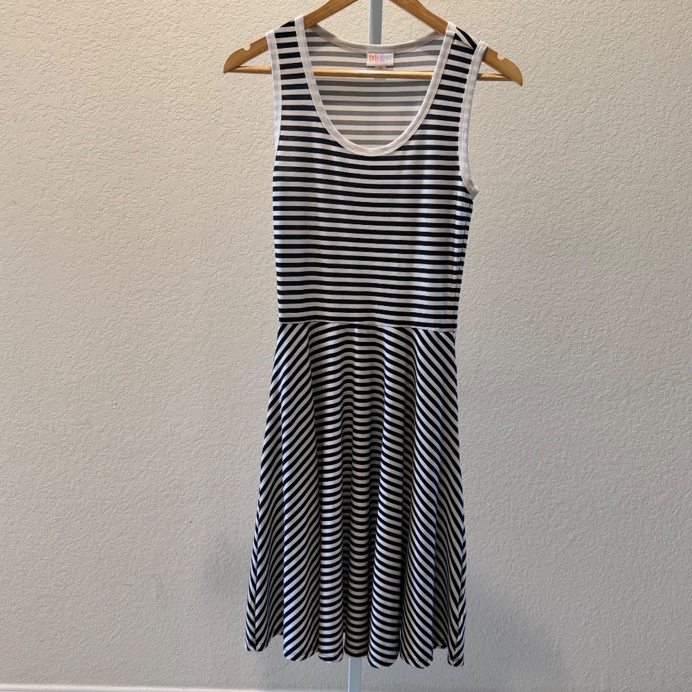 LuLaRoe XS Women's Blue and White Striped Nicki Sleeveless Dress